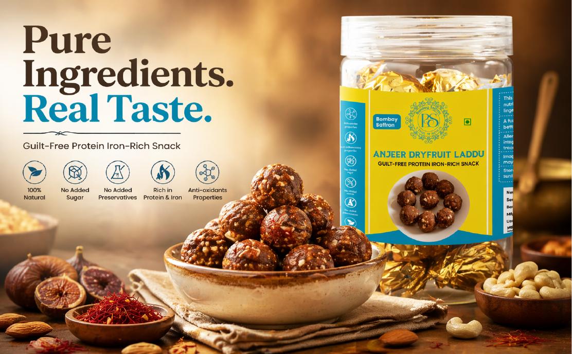 Anjeer Dryfruit Laddu product and ingredient creative