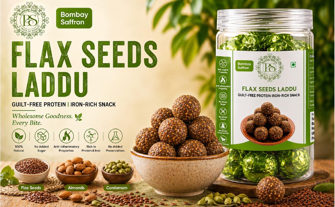 Flax Seeds Laddu product and ingredient creative