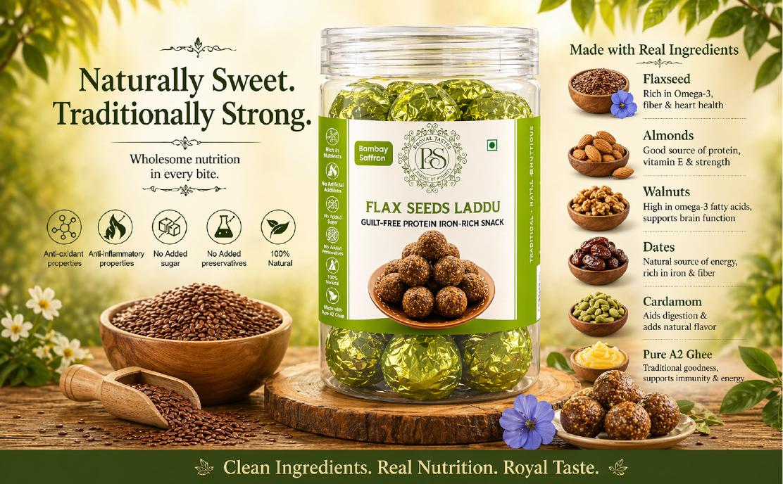 Bombay Saffron premium Flax Seeds Laddu ingredients